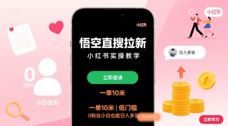 悟空直搜小红书拉新攻略 一单10米 小白日入多张-九零创业网