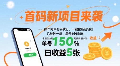 首码新项目轻松上手 单号日赚50 小投资大回报