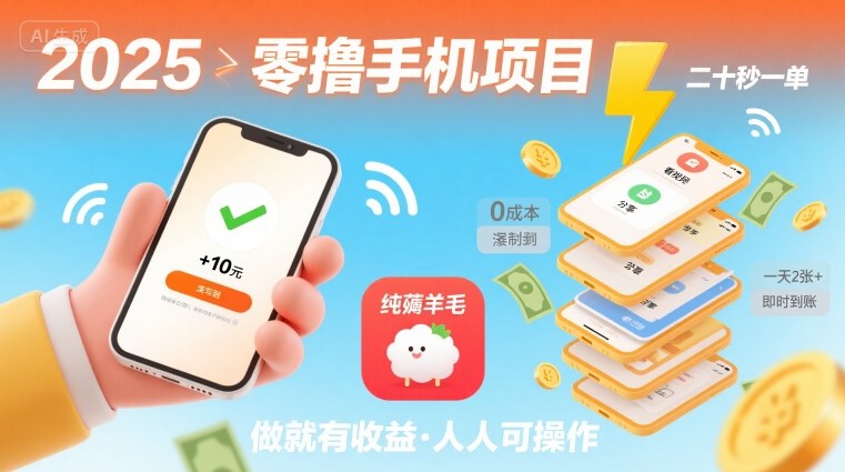 2025年零撸手机项目 20秒一单 日赚2张羊毛 轻松薅金-九零创业网