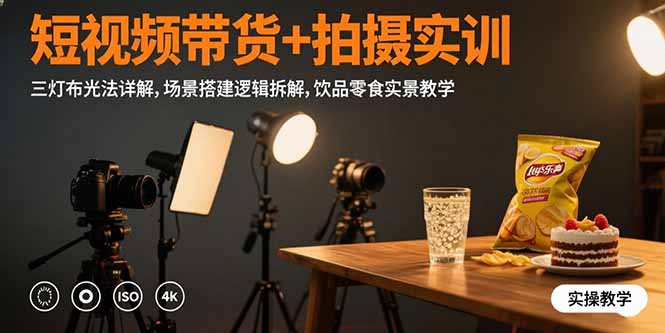 短视频带货实训 三灯布光技巧+场景搭建+饮品零食实战教学
