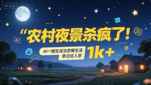 农村夜色治愈风 AI助农生活美 日入千金乐无边-九零创业网