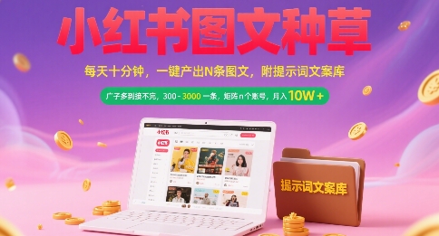 小红书图文种草 10分钟N条 月入W+ 矩阵账号轻松赚-九零创业网