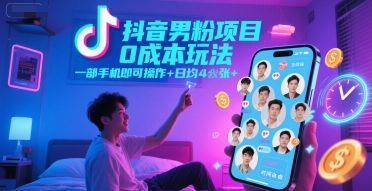 抖音男粉项目 手机操作 日增4粉 自由时间-九零创业网