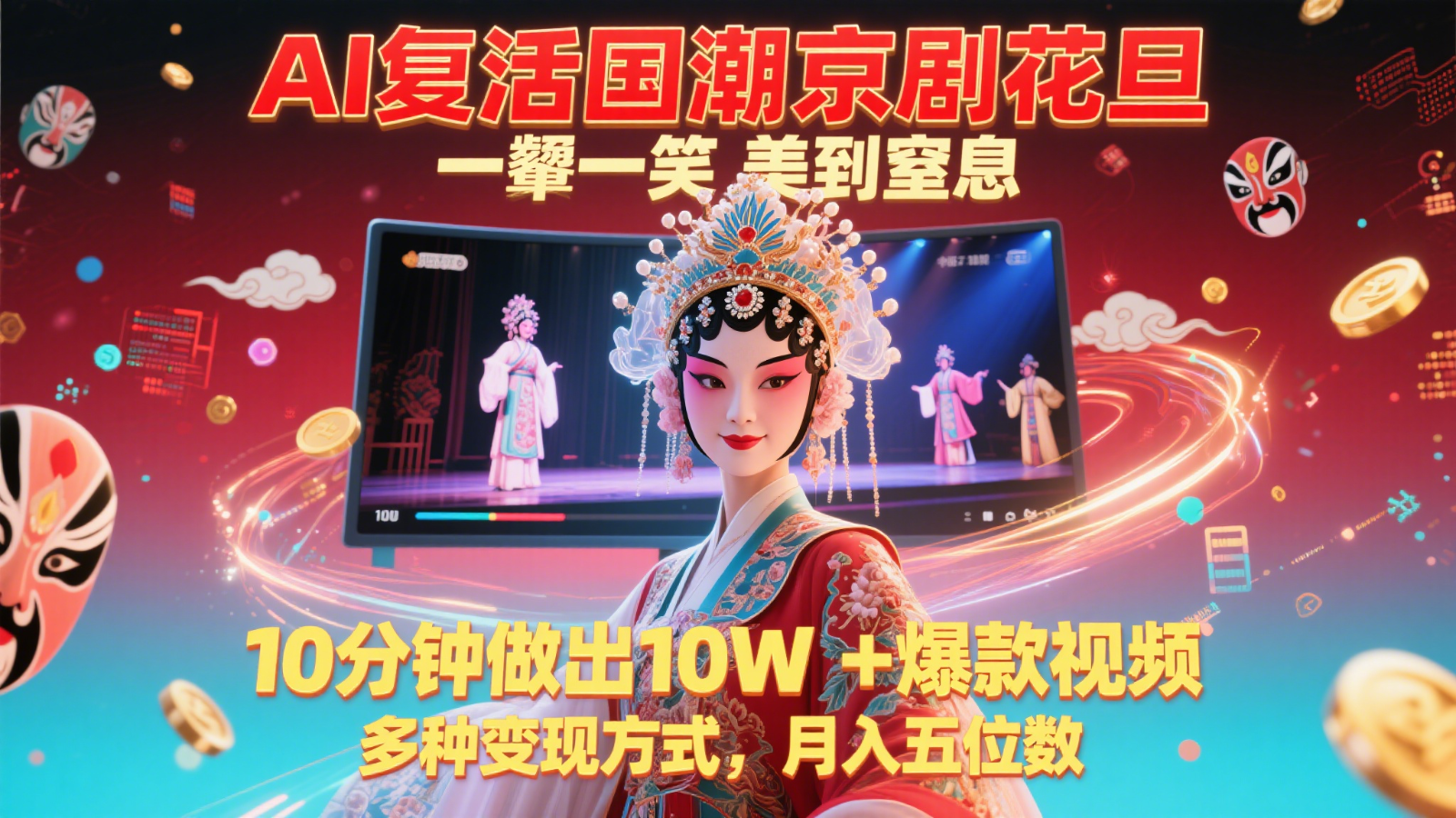 AI复活京剧花旦 绝美演绎10分钟 爆款视频10W+ 多渠道变现攻略-九零创业网