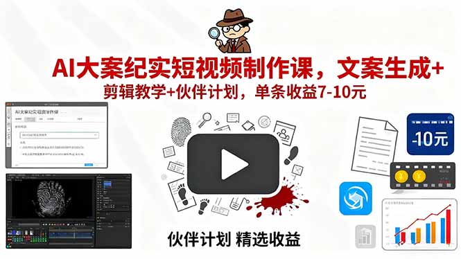 AI大案纪实短视频制作秘籍 文案+剪辑教学 伙伴共赚7 10元/条-九零创业网