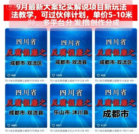 9月大案纪实新玩法揭秘 伙伴计划 5 10元/单 多平台创作赚分成-九零创业网