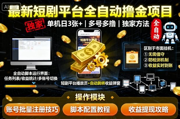 独家揭秘 短剧平台全自动挂G 日赚3张 多号多撸新玩法-九零创业网