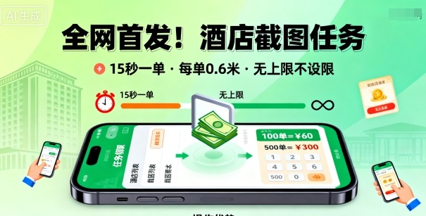 全网独家 酒店截图任务 秒单0.6米 不限量 日赚3张矩阵揭秘-九零创业网