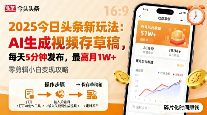 2025头条躺赚新招 AI视频草稿 日5分钟 月入过万揭秘-九零创业网