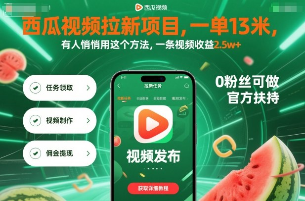 西瓜视频拉新秘籍 一单13米 轻松赚2.5万+-九零创业网