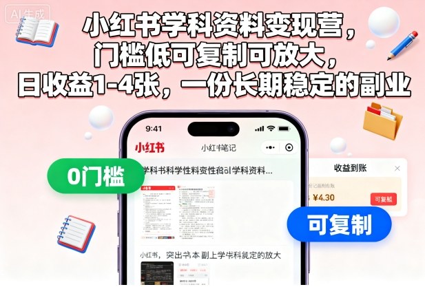 小红书学科资料变现营 低门槛高收益 日赚1 4单 打造稳定副业