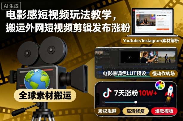 外网短视频剪辑涨粉秘籍 电影感教学搬运攻略