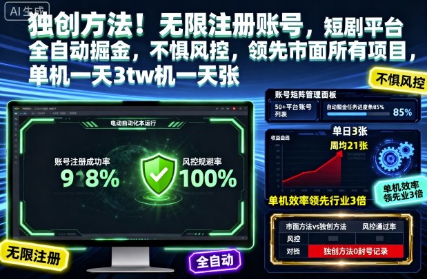 独门绝技 短剧平台全自动注册 风控无忧 日赚3单 揭秘掘金秘籍-九零创业网