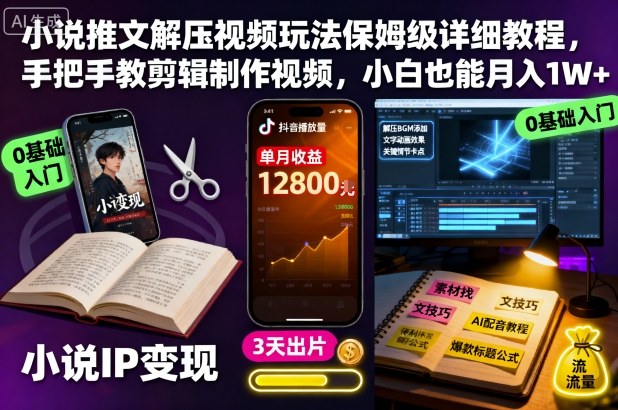 小说推文解压剪辑教程 小白月入1W+速成法-九零创业网