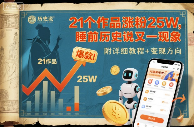 AI历史爆款助涨粉25W 教程+变现攻略 速来学习-九零创业网