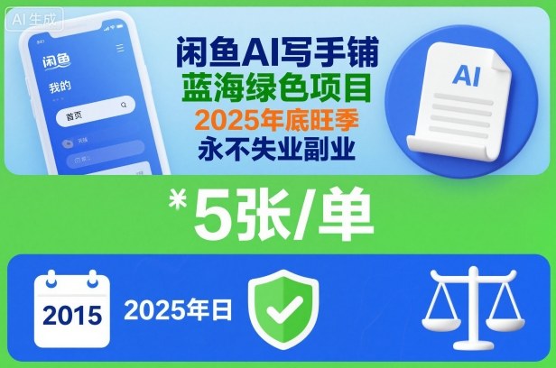 闲鱼AI写手铺 蓝海绿色 旺季5图一单 2025副业新选择 稳赚不失业-九零创业网
