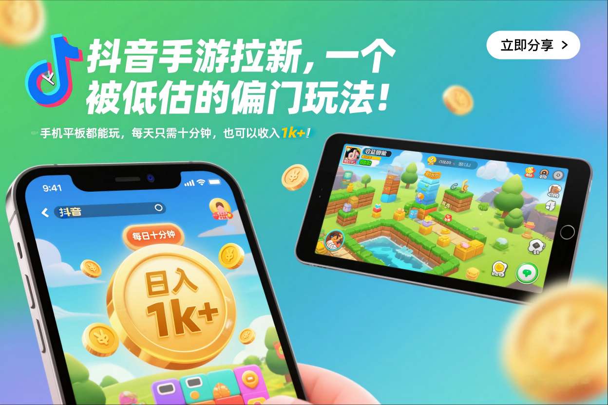 抖音手游拉新秘籍 平板手机轻松玩 每日10分钟月入过千-九零创业网