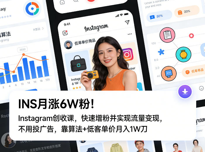 Instagram月增6万粉 算法增粉课 低成本变现 月入1万刀不广告-九零创业网