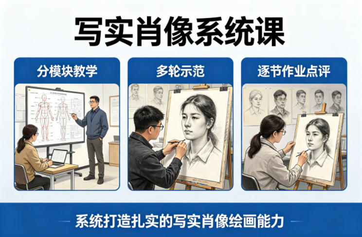 模块化写实肖像课 多轮示范点评 塑造绘画实力-九零创业网